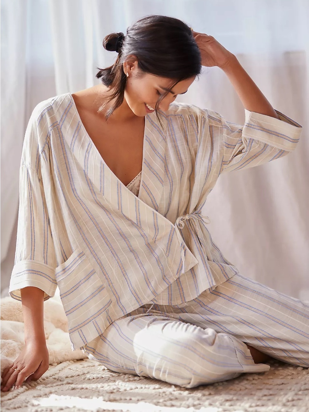 By Anthropologie Women’s Wrap Stripe Cream Blue Lounge Top Bottoms Set Sz Small